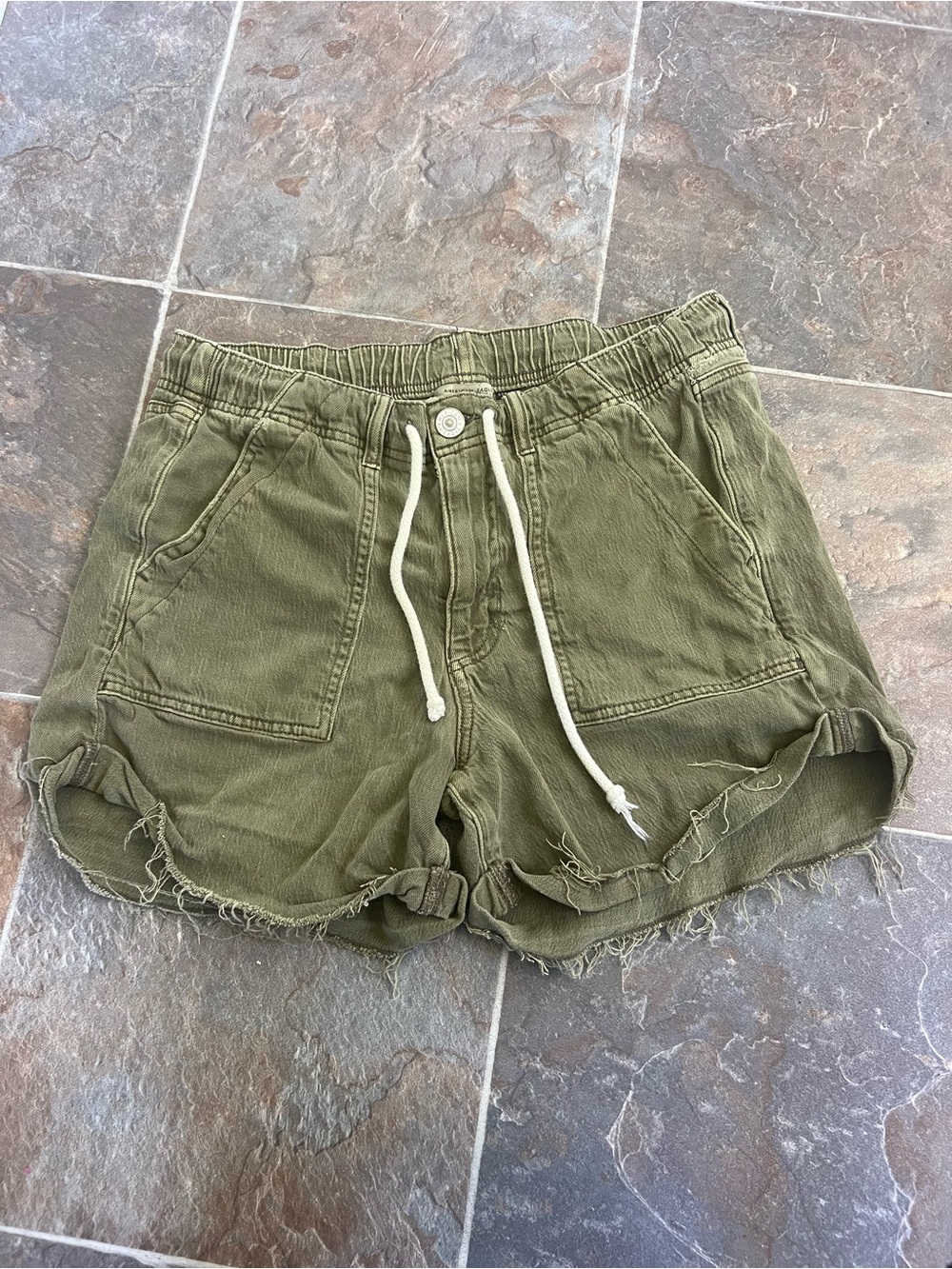American Eagle Outfitters Olive Green High-Waist Drawstring Shorts